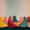 Des personnes assises à table, disposées en cercle, dans des tons pastel doux sur TheXclusive Art