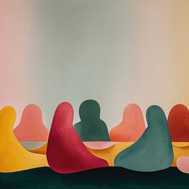 People sitting around a table in a circle, in soft pastel colours by TheXclusive Art