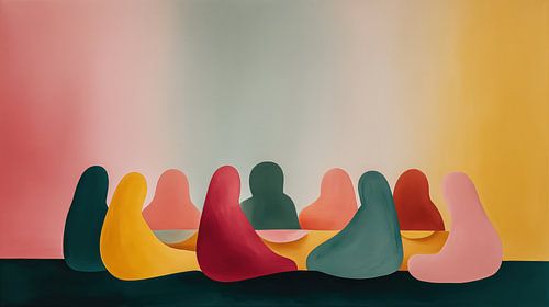 Mensen aan tafel in een kring zachte kleuren pastel