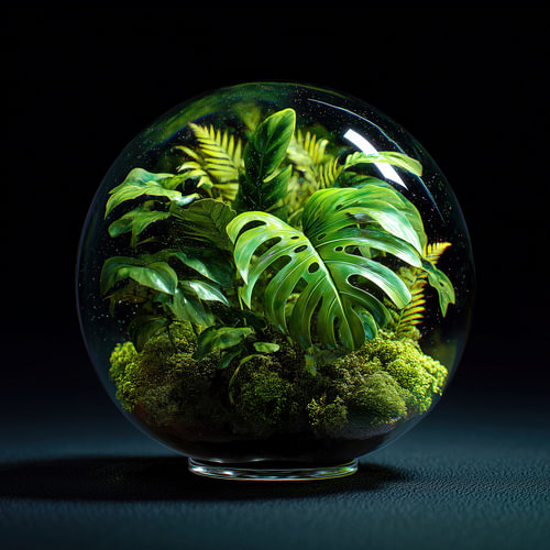Groene monstera bladeren in glazen bol