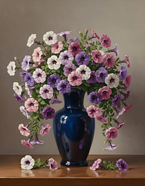 Pétunia dans un vase en céramique bleu foncé sur Regan Frederick