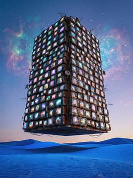 Drijvende tv-monoliet brengt informatieovervloed in woestijn van Markus Gann