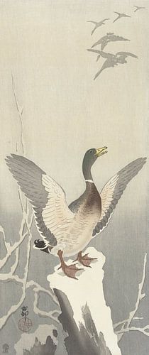 Canard sur un tronc d'arbre enneigé de Ohara Koson
