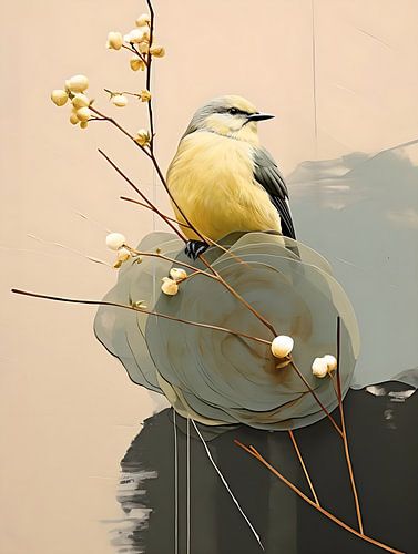 Bird painting with spring greenish yellow colour