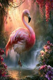 Flamant rose et fleurs tropicales