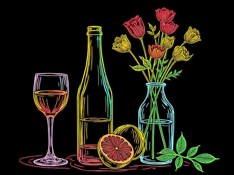 Een kleurrijk stilleven met bloemen en een fles wijn van The Photo Artist