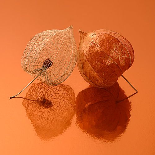 Warm oranje vierkantje met stilleven van twee lampionnetjes bij elkaar