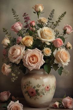 Vase vintage avec roses romantiques sur De Muurdecoratie