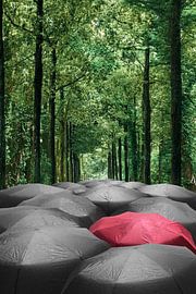 Intriguing Forest Landscape with Red Umbrella: An Enchanting Visual Journey by Elianne van Turennout