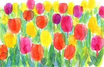 Colourful Spring Garden with Tulips Watercolour by Karen Kaspar
