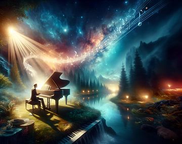 Un pianiste se produit la nuit au bord de l'eau sur Eye on You