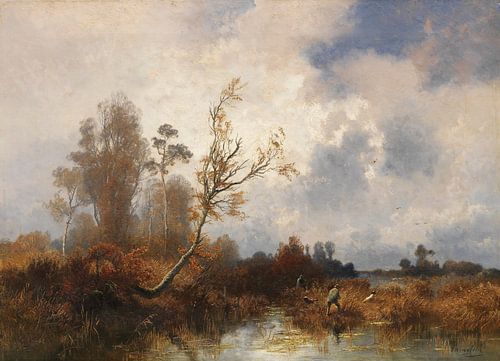 JOSEF WENGLEIN, Paysage d'automne avec des chasseurs dans le Moos de Dachau, vers 1890