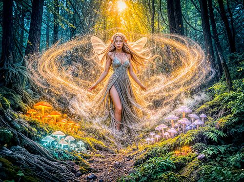 Dynamic Fantasy Elf in Enchanted Forest Mushroom Magic