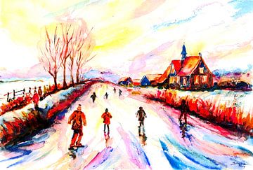 Snow and ice fun in the Netherlands. Impressionist watercolour by Ineke de Rijk