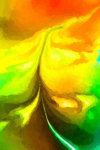 Een eindeloze weg, door een geel graanveld. 