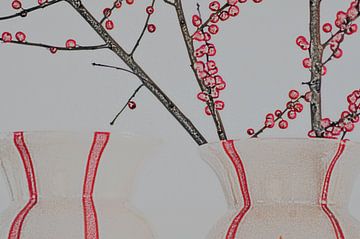 Twee vazen met rode bessen aan takken-potlood van tolitoy creations