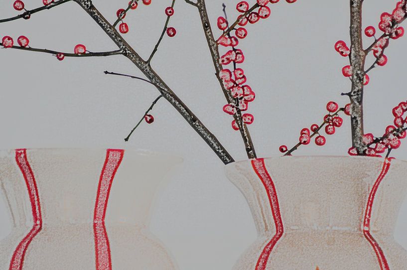 Twee vazen met rode bessen aan takken-potlood van tolitoy creations