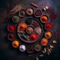 Composition ronde de toutes sortes d'épices et d'herbes