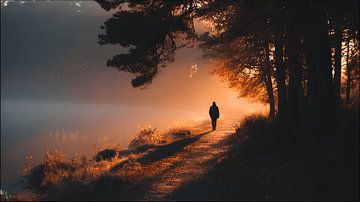 Person walking through the forest at sunset by MNS Designs