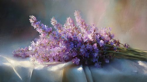 Lavender Dream: Zonovergoten bloemstilleven in impasto-stijl