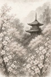 Japanese temple amongst cherry blossom trees (AI) (serene, dreamy, Oriental, Japandi, pagoda) by Natalie Bruns