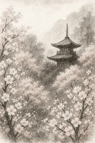 Japanse tempel tussen kersenbloesem bomen (AI) (rustig, dromerig, Oosters, Japandi, pagode, sakura, schilderij, mist, landschap)