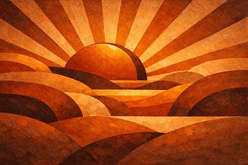 Abstrakte Landschaft aus der Mitte des Jahrhunderts – Wandkunst in warmen Erdtönen mit Sonnenuntergang