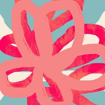 Roze en rode bloemen op wit en lichtblauw. Modern kleurrijk abstract. van Dina Dankers