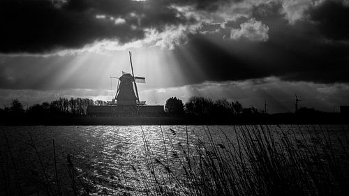 Old windmill along the water (black and white photo)