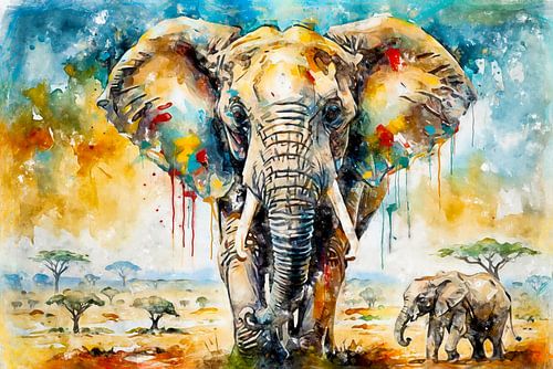 Elefantenmutter mit Kind von Arjen Roos