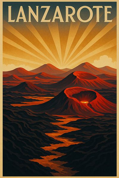 Lanzarote Vulkanisch Landschap Art Deco Poster van Travel Shop