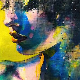 Woman Yellow | Abstract Female portrait with Blue by Wonderful Art