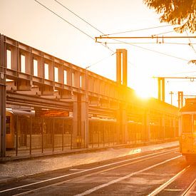 Hafen Straßenbahnhaltestelle Lissabon Portugal Sonnenuntergang im Herbst von Bob Van der Wolf