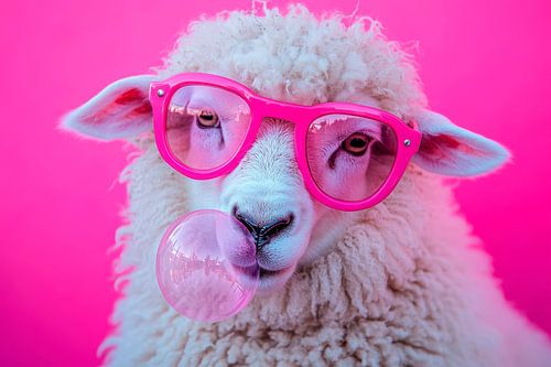 Schattig schaap met roze bril en kauwgom