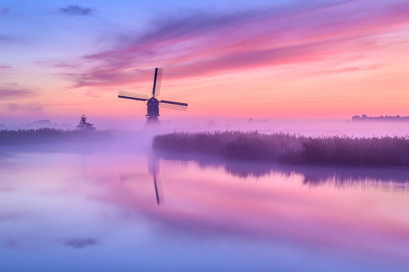 Mill in the fog at sunrise by Ellen van den Doel