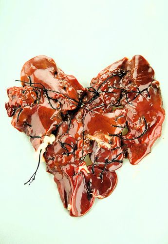 Heart sewn together with pieces of meat