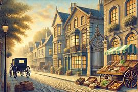 Golden Market Street - 19th century street with carriage and market stalls