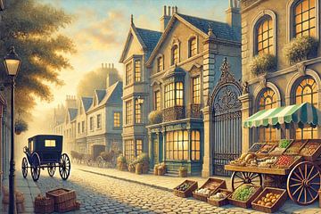 Golden Market Street - 19th century street with carriage and market stalls