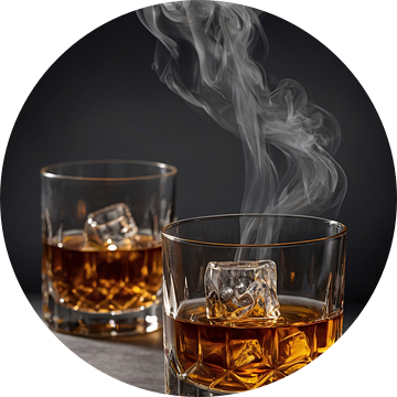Elegante whiskeyglazen met rook op zwarte achtergrond van De Muurdecoratie