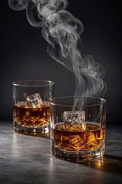Elegante whiskeyglazen met rook op zwarte achtergrond van De Muurdecoratie