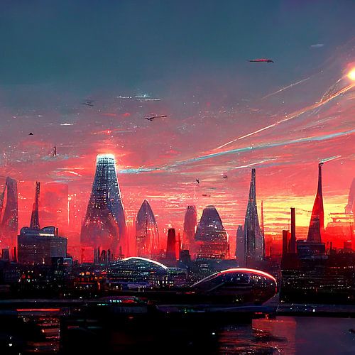 coucher de soleil dans la ville future