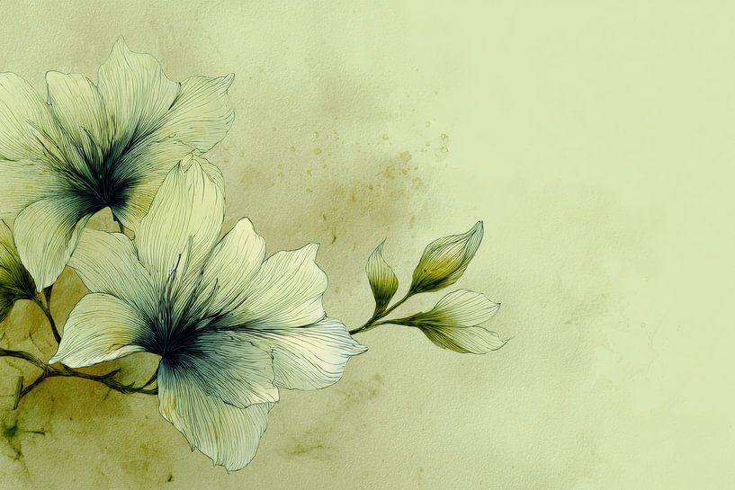 Floral Illustration Soft Green on Watercolour Background by Eva Lee