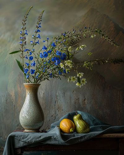 Still life with flowers and fruit