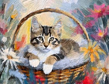 Cat / patchwork cat in a basket in a flower garden by Jan Bouma