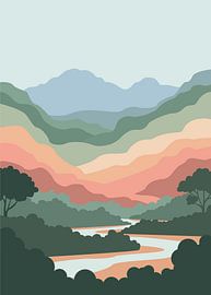 Minimalistische, flache Vektorillustration eines sich schlängelnden Flusses, der durch bewaldete Täler und zwischen schichtartigen Bergen fließt. von Adam Khabibi