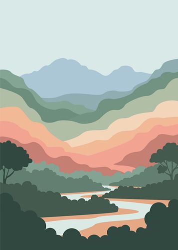 Minimalistische, platte vectorillustratie van een kronkelende rivier die door beboste valleien en gelaagde bergen stroomt.