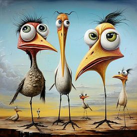 Surreal humorous birds family group landscape by gm_designs