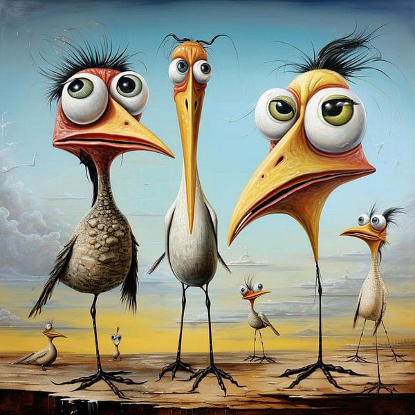 Surreal humorous birds family group landscape by gm_designs