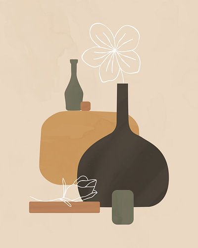 Stilleven van twee bloemen in aardetinten