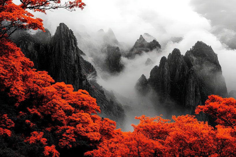 Herbstliche Berge im Nebel - Farbenfroh von Poster Art Shop